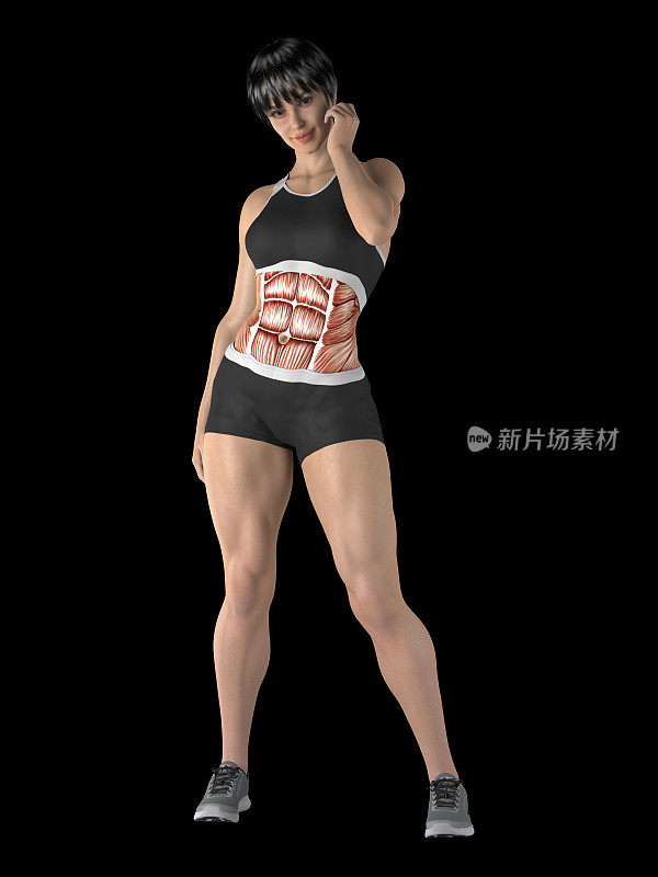 健身妇女，站着，显示一个运动员的身体，突出腹部肌肉，在黑色的背景
