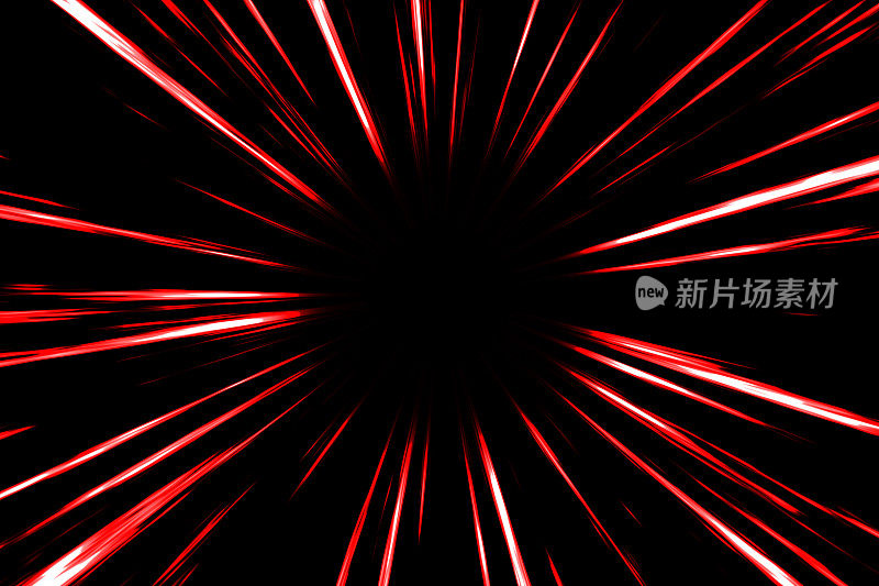 红色漫画径向速度线在黑色背景。动作线的灵感来自日本动漫。