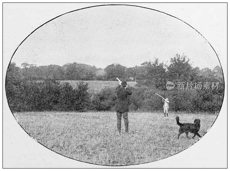 旧式黑白照片的运动，运动员和休闲活动在19世纪:鸟拍摄