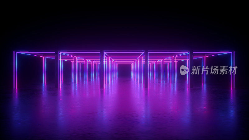 三维渲染，抽象的紫罗兰霓虹几何背景，在紫外线下发光的线条，立方体形状，超立方体概念，方盒构造