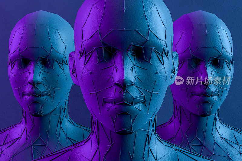 3D低聚半机械人头，人工智能概念