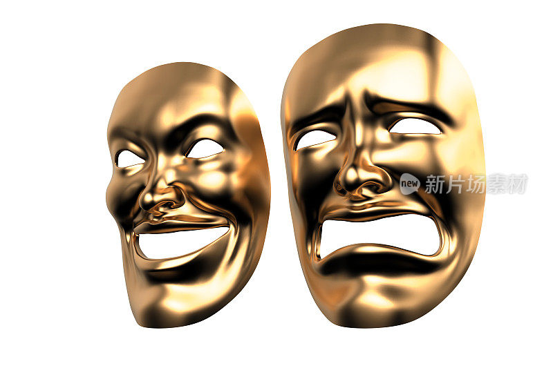 3d渲染黄金戏剧和喜剧面具孤立的剪辑面具在白色股票照片