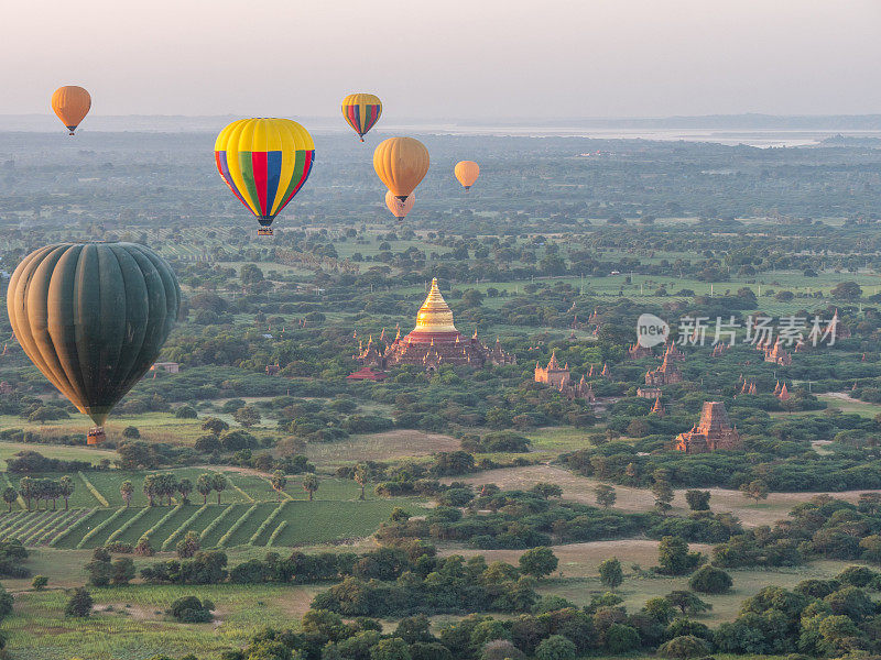 缅甸蒲甘的古庙上空的热气球