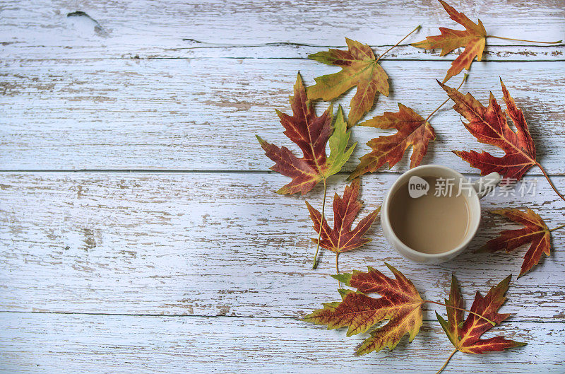 秋天的静物用一杯咖啡和五颜六色的树叶放在木板上，复制空间