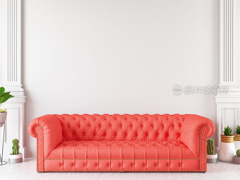 红色切斯特菲尔德沙发与空白墙