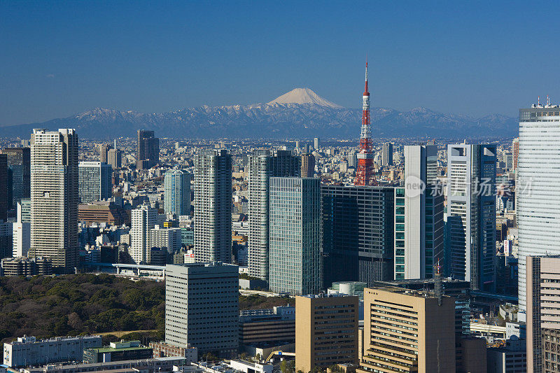 日本东京，盐堂建筑集团，东京塔和富士山。