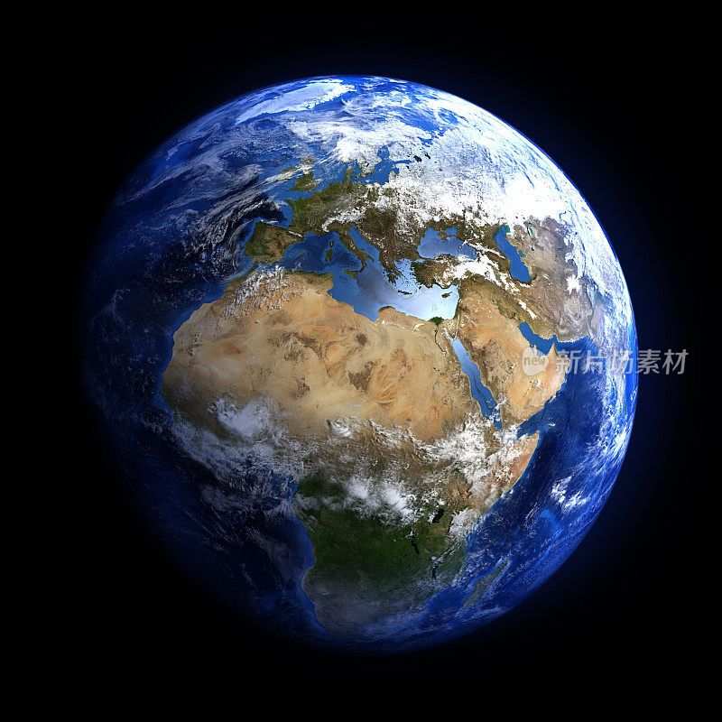来自太空的地球显示欧洲和非洲。