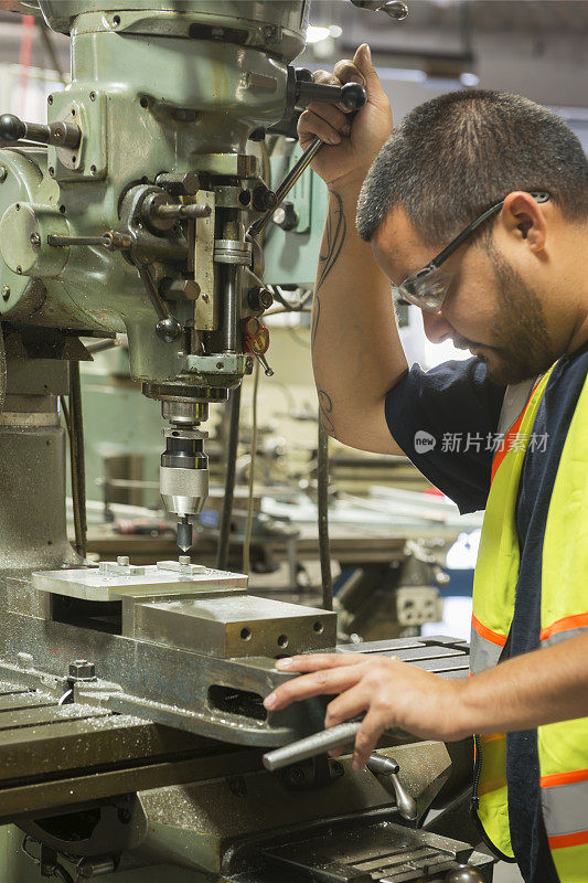 工厂工人机械师在制造工厂使用精密机加工工具