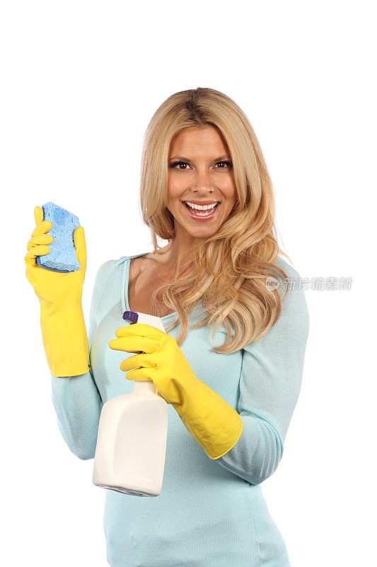 清洁女人黄色手套蓝色海绵