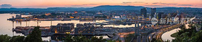 奥斯陆海滨地标全景照亮下午夜日落挪威