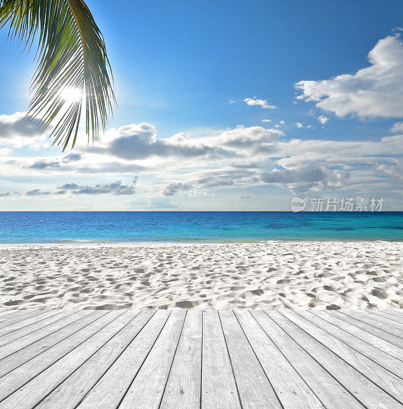 热带海滩旁空荡荡的木质平台