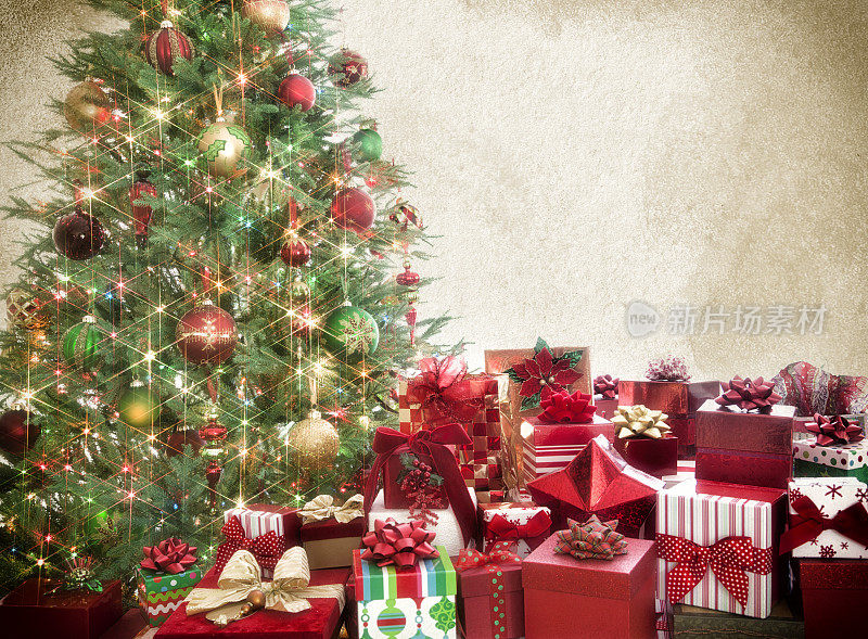 圣诞树和礼物纹理Grunge复古背景