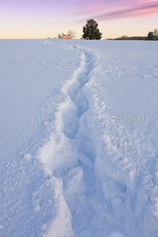 雪地上深深的脚印通向一所孤零零的房子