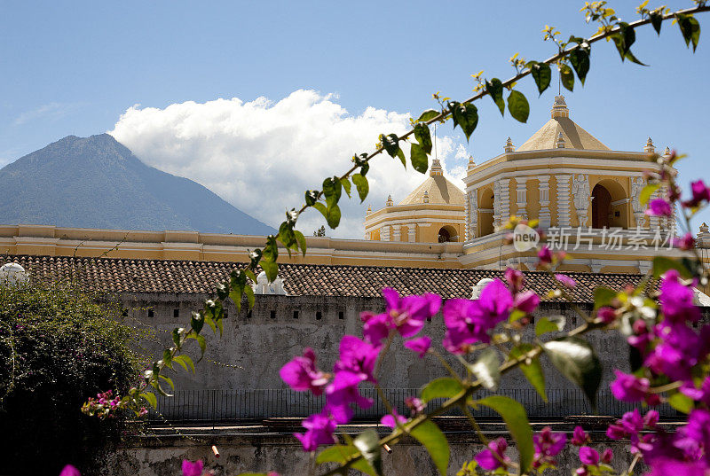 拉默塞德教堂，火山和九重葛，危地马拉安提瓜
