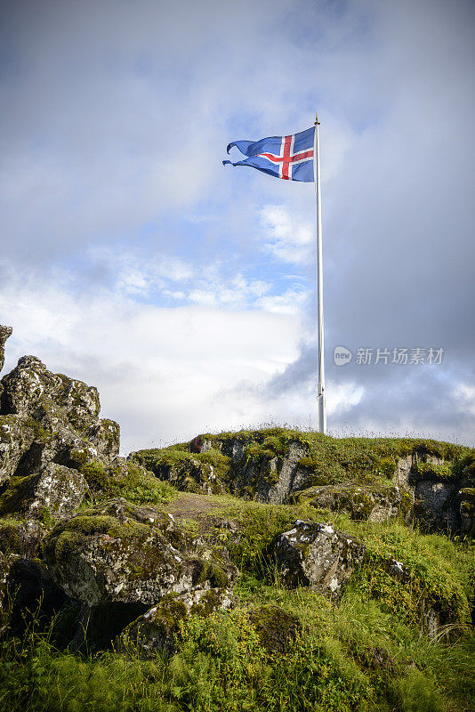 冰岛国旗在Thingvellir国家公园