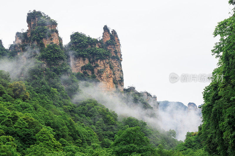 美丽的石山，绿树环绕，白色的云雾。绿山景观