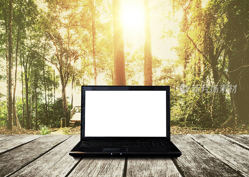 电脑笔记本放在木桌上，森林以日出为背景。剪辑路径空白屏幕