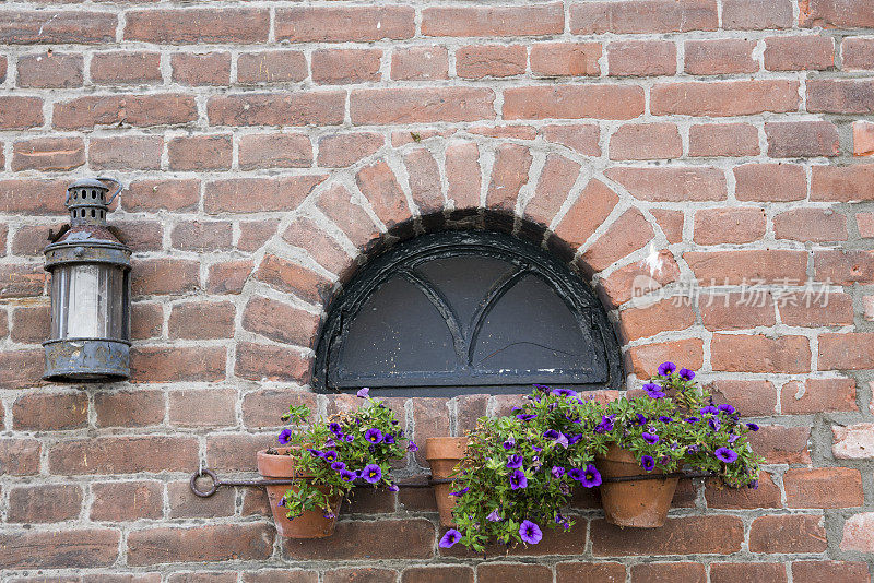 三个橙色的石花盆，上面挂着紫色的矮牵牛花，挂在金属上，靠砖墙