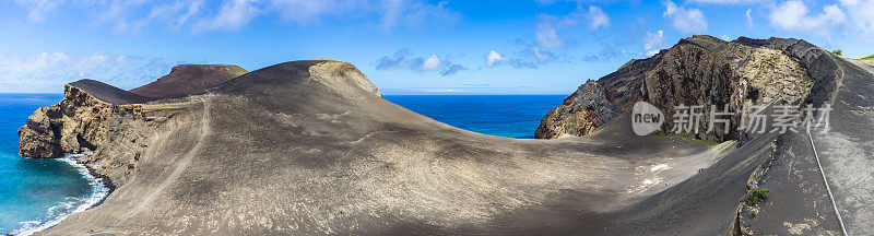 葡萄牙亚速尔群岛法尔岛灯塔顶上的火山全景图