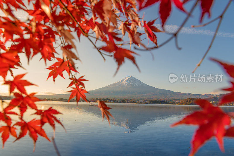 早晨的富士山和川口湖，秋季的富士山在山町。