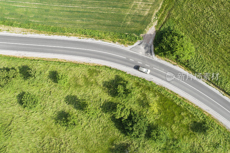 道路穿过农业区，鸟瞰图