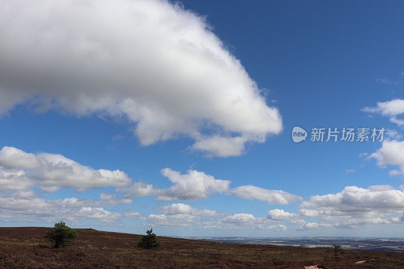 山顶上蓝色的天空中飘浮着白云