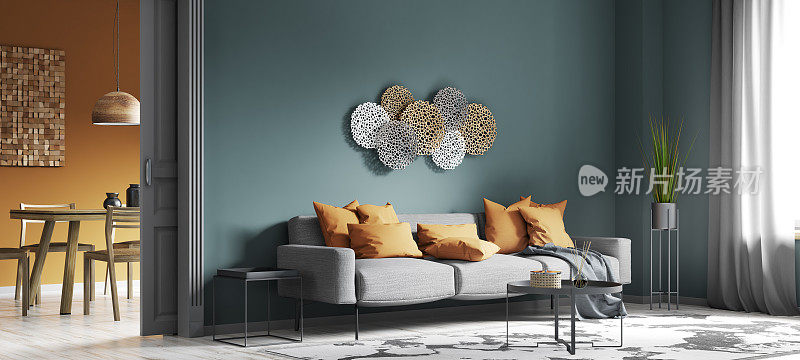 现代客厅内饰灰色沙发，家居设计3d效果图
