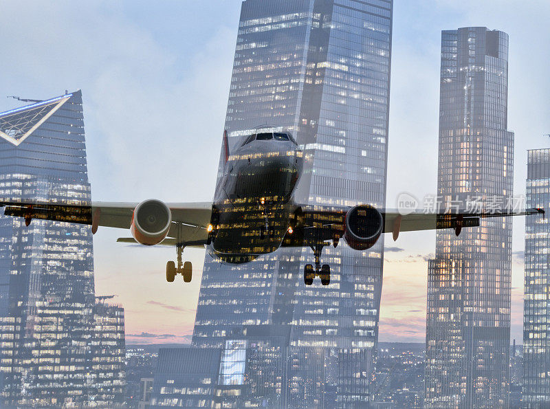 飞机飞越纽约上空的抽象图像。