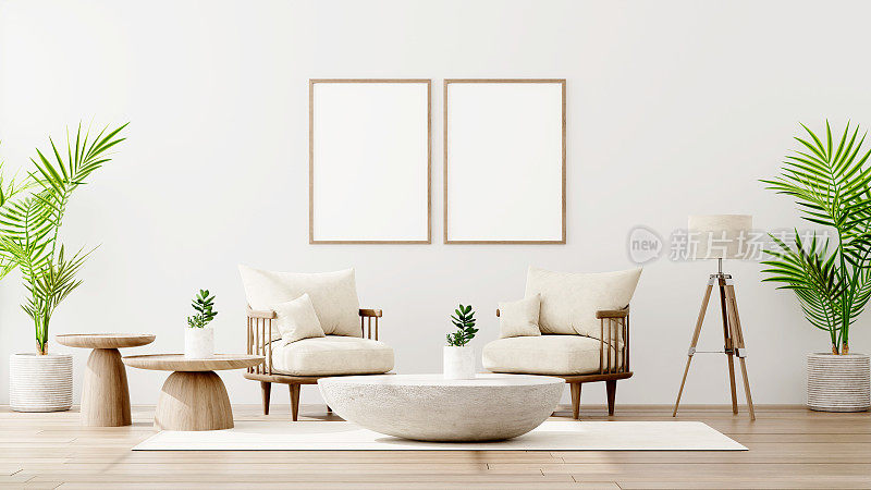 模拟海报框架在现代室内背景，客厅，斯堪的纳维亚风格，3D渲染，3D插图
