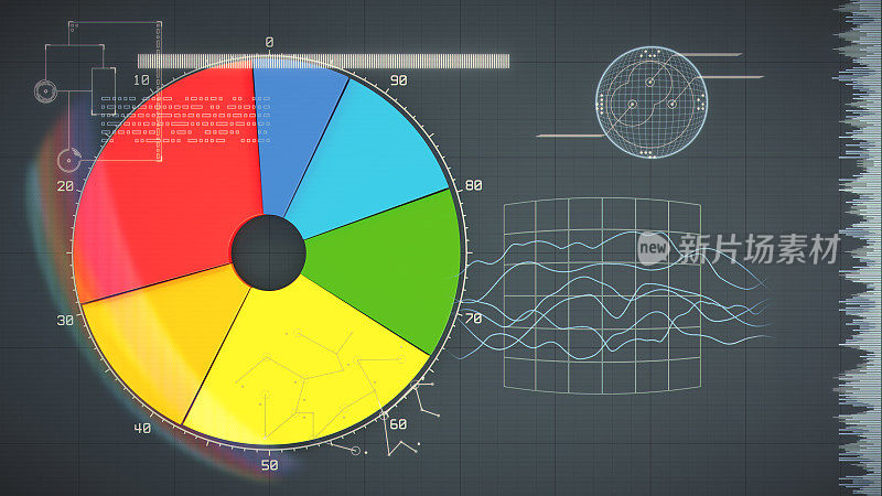 彩色饼图与抽象和符号信息图形叠加在黑暗的背景。