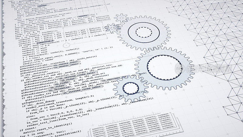 工程IT设计用python计算机语言代码文本和齿轮蓝图。