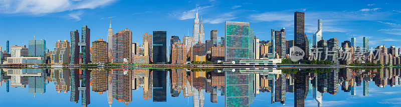 纽约天际线，联合国大楼，克莱斯勒大楼，帝国大厦和曼哈顿东区的摩天大楼在早上，纽约，美国。