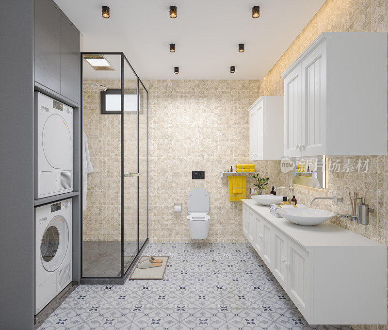 现代浴室内饰，带淋浴，洗衣机，烘干机，白色橱柜和厕所