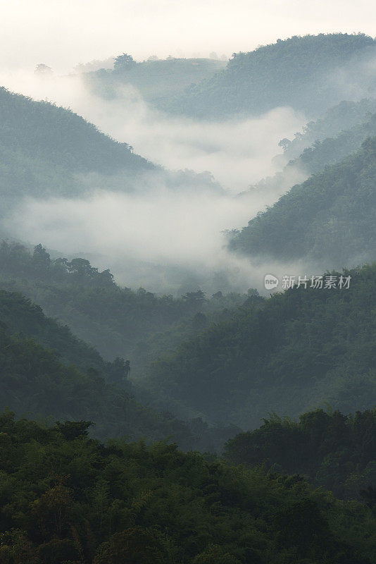 美丽的阳光在山上，一个雾蒙蒙的早晨在清莱，泰国