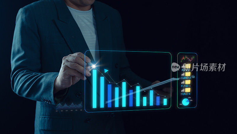 商业分析数据业务分析仪表板，包括KPI图表，股票图表和文档数据，运营管理。专业经营投资方案、未来投资、基金概念