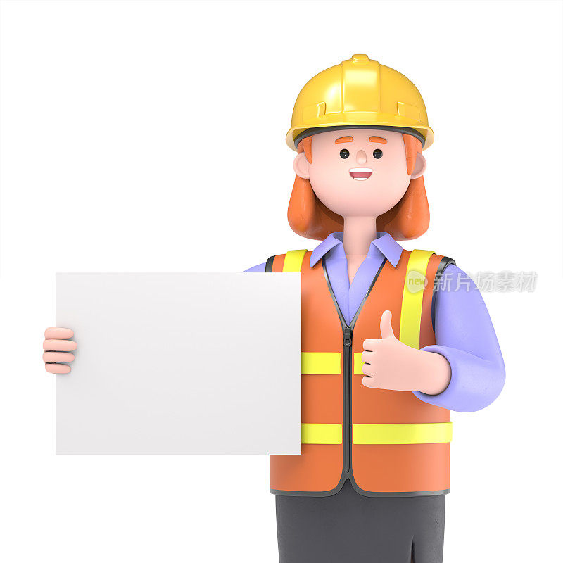 女工程师帕姆举着竖起大拇指的标书的3D插图，工程师演示剪贴画孤立在白色背景上。