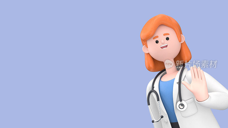 女诺瓦博士打招呼的3D插图。在蓝色背景上隔离的医学演示剪贴画
