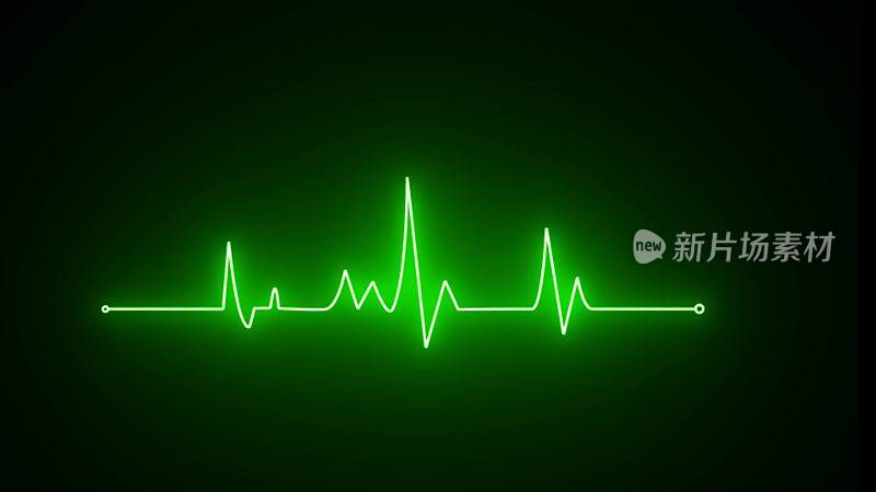 发光的霓虹灯绿色心跳脉冲图标。很健康的心电图和心电图脉冲线插图。心电图霓虹灯脉搏监测仪和黑色背景。