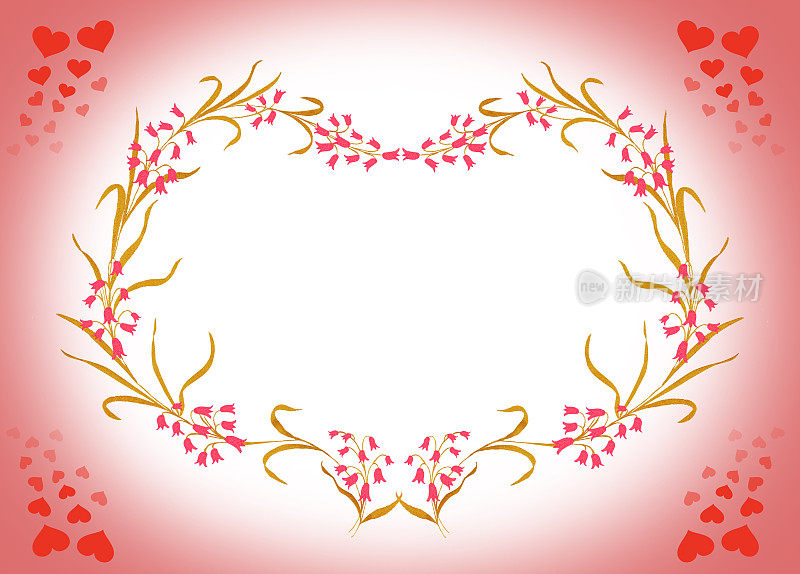 框架与红色粉红色的心在绿叶和花蕾。情人节贺卡，生日贺卡。