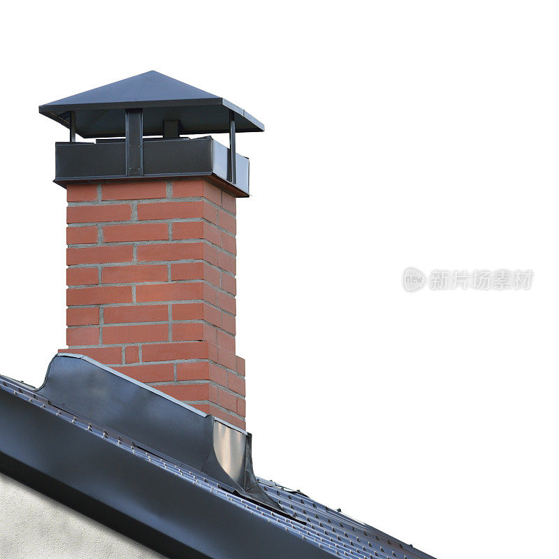 红砖烟囱，灰色钢瓦屋顶纹理，隔离屋面