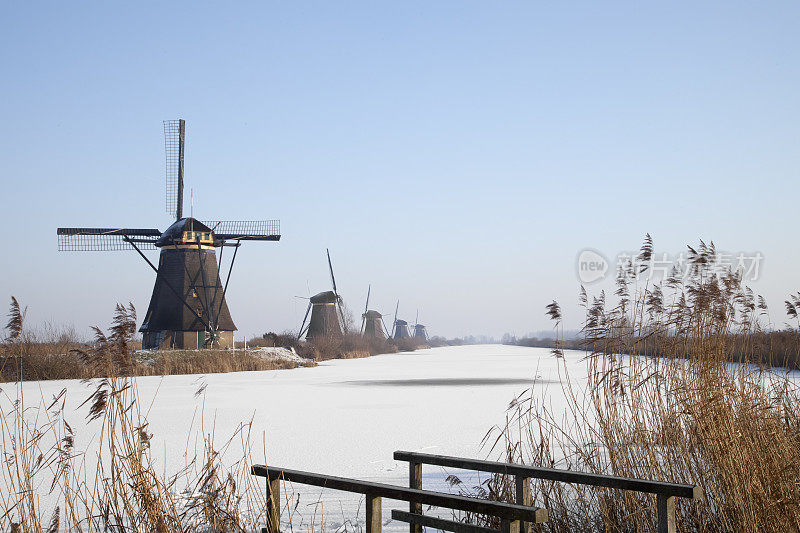荷兰冬季景观:风车和冰冻的河流(XXXL)