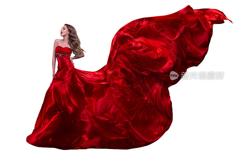 女装时尚红裙，迎风飘扬的长袍，飘动的丝绸面料