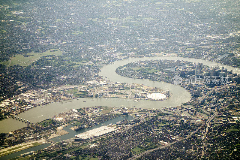 鸟瞰图的伦敦，泰晤士河和O2竞技场