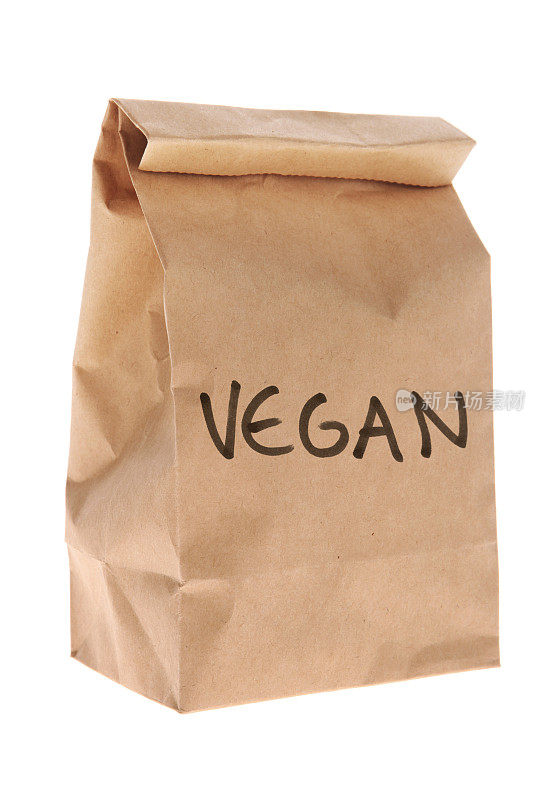 素食-棕色纸午餐袋孤立在白色背景