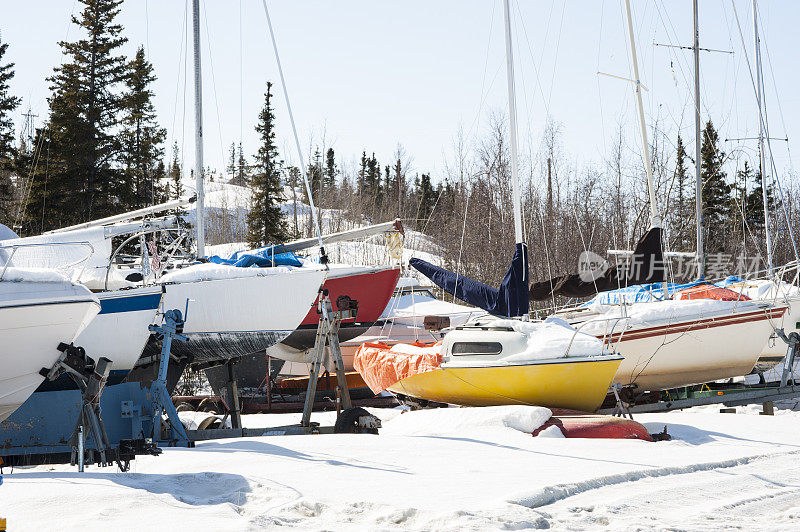 雪覆盖的帆船，初春，耶洛奈夫西北地区，加拿大。