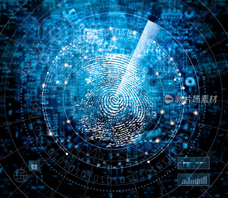对蓝色网络技术背景、技术和安全理念进行指纹扫描和搜索身份检查