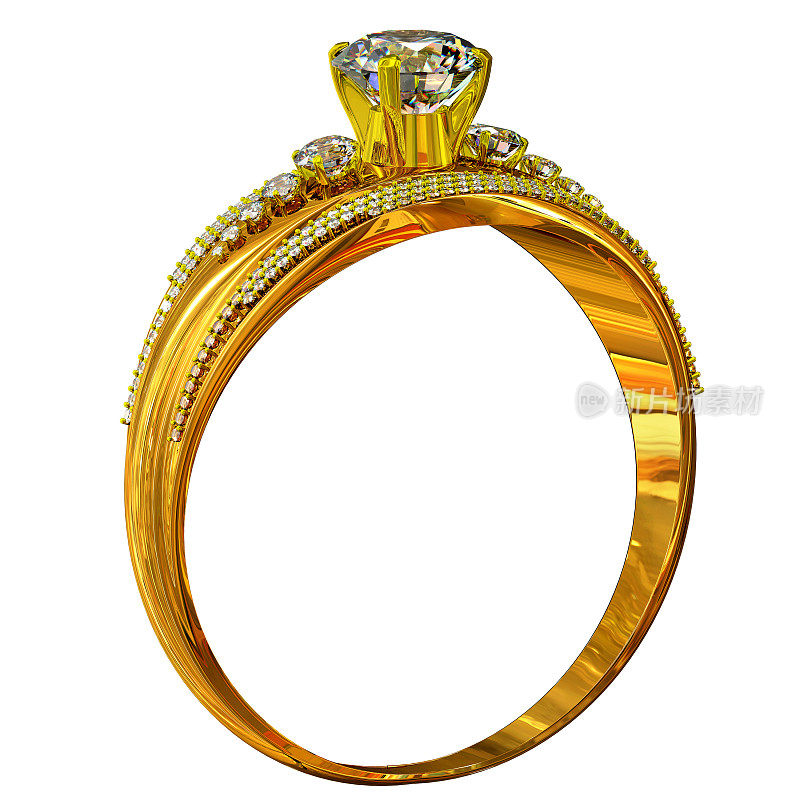 一枚镶有珠宝宝石的订婚金戒指。