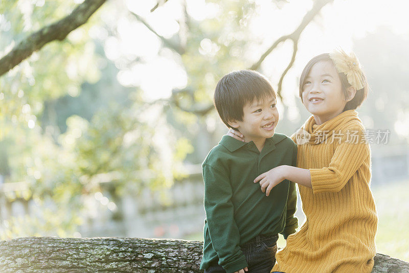 亚洲小男孩和他姐姐在公园里