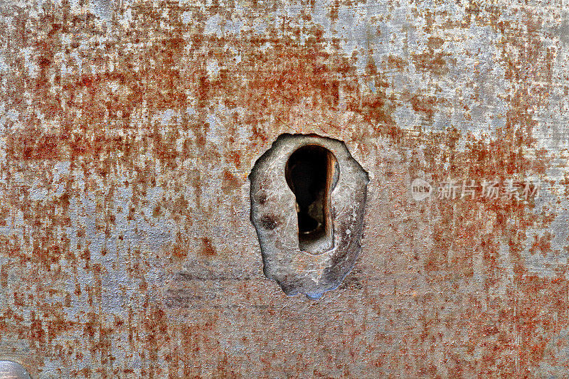 垃圾背景，生锈铁门上的钥匙孔