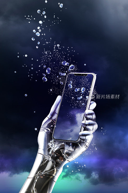 一只金属人工智能机器人的手在暴风雨中拿着iPhone。